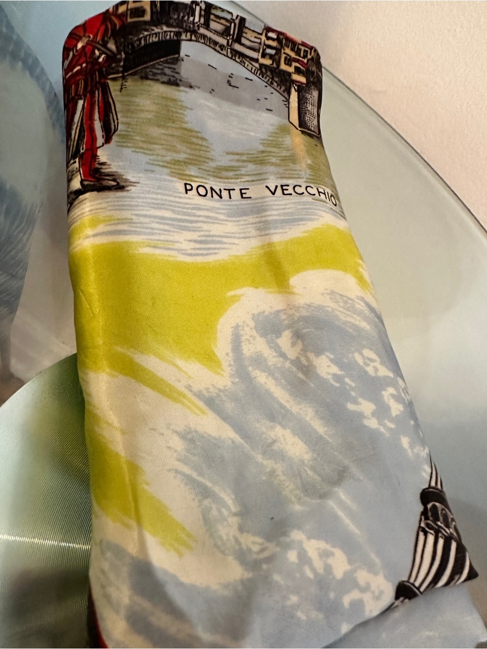 Italian Scenic Decorative scarf in Lime & Light Blue